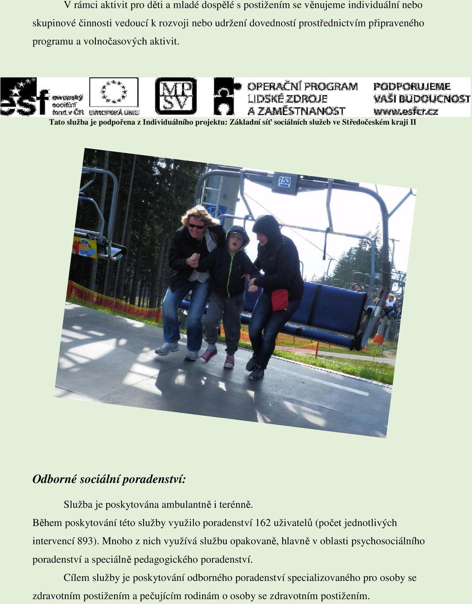 Tato služba je podpořena z Individuálního projektu: Základní síť sociálních služeb ve Středočeském kraji II Odborné sociální poradenství: Služba je poskytována ambulantně i terénně.
