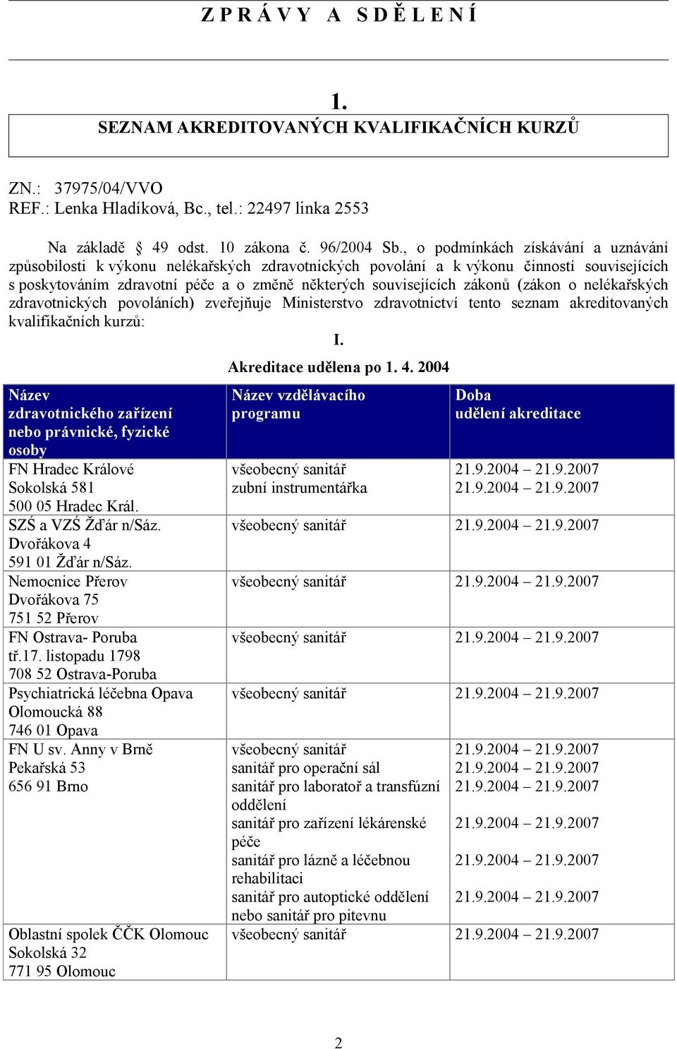 (zákon o nelékařských zdravotnických povoláních) zveřejňuje Ministerstvo zdravotnictví tento seznam akreditovaných kvalifikačních kurzů: I.