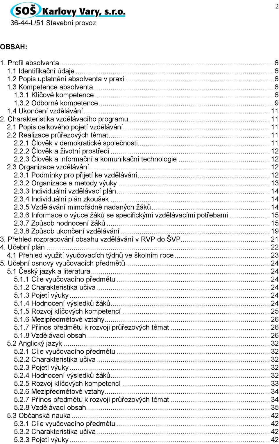 .. 11 2.2.2 Člověk a životní prostředí... 12 2.2.3 Člověk a informační a komunikační technologie... 12 2.3 Organizace vzdělávání... 12 2.3.1 Podmínky pro přijetí ke vzdělávání... 12 2.3.2 Organizace a metody výuky.