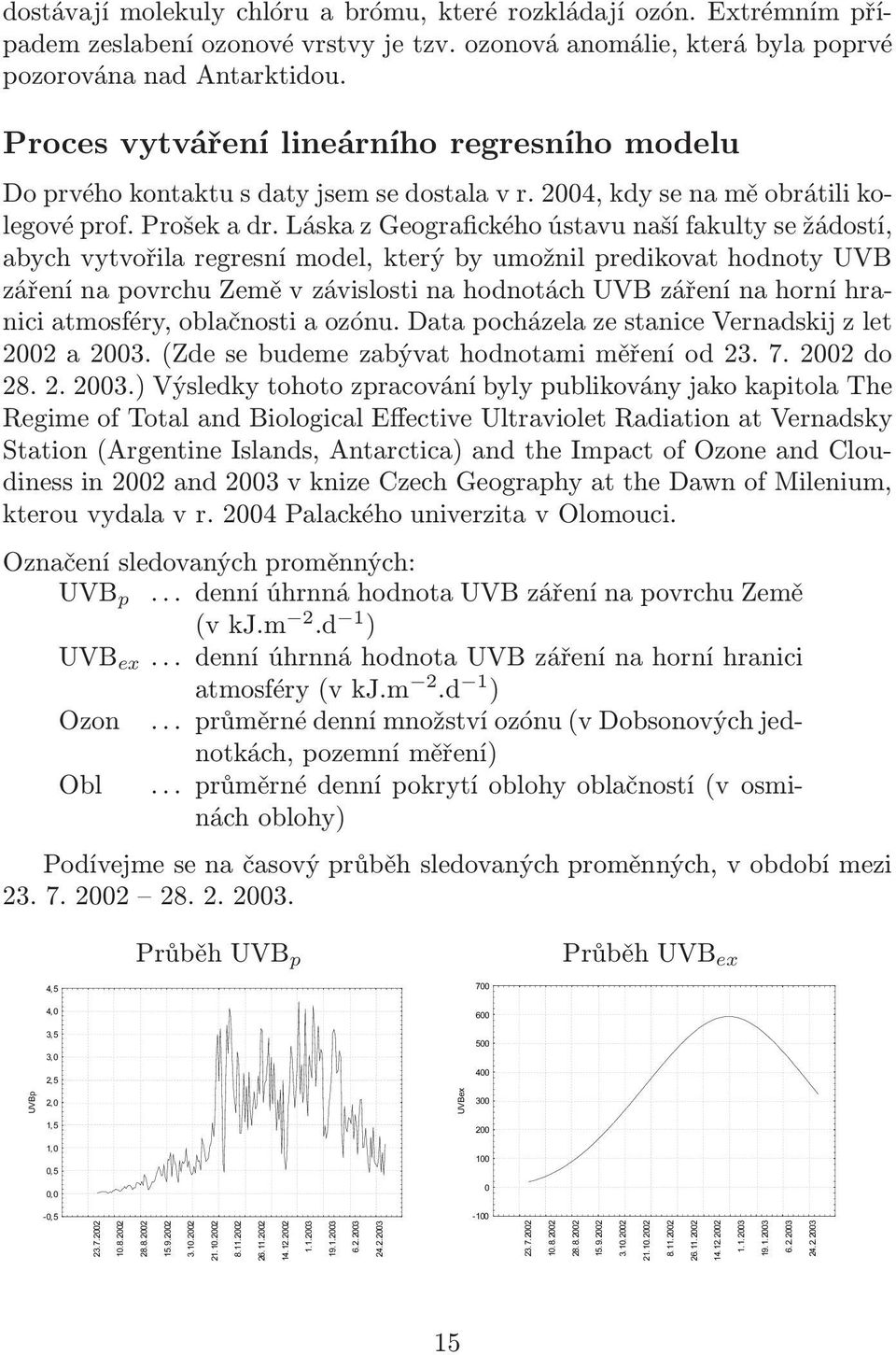 Láska z Geografického ústavu naší fakulty se žádostí, abych vytvořila regresní model, který by umožnil predikovat hodnoty UVB záření na povrchu Země v závislosti na hodnotách UVB záření na horní