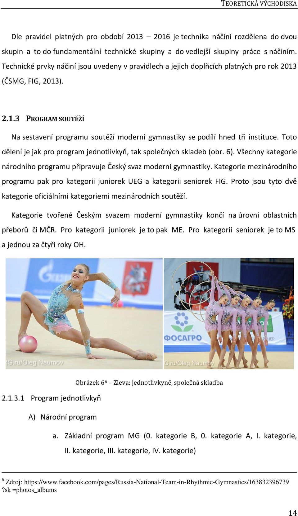 Toto dělení je jak pro program jednotlivkyň, tak společných skladeb (obr. 6). Všechny kategorie národního programu připravuje Český svaz moderní gymnastiky.