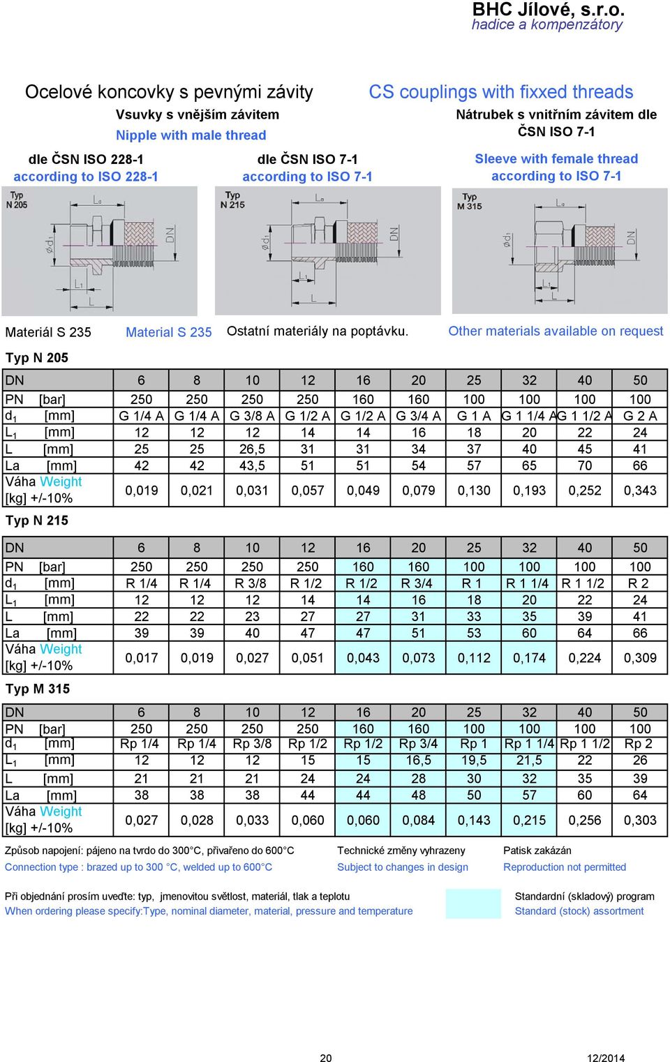 Other materials available on request Typ N 5 PN [bar] d1 L1 L Váha Weight [kg] +/-% 2 2 2 2 0 0 G 1/4 A G 1/4 A G 3/ A G 1/2 A G 1/2 A G 3/4 A 2,5 31 31 34 42 42 43,5 51 51 54 G 1 A G 1 1/4 AG 1 1/2