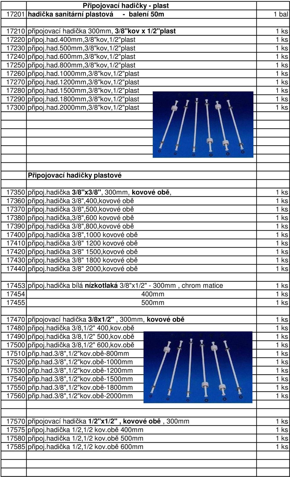 had.1500mm,3/8"kov,1/2"plast 1 ks 17290 připoj.had.1800mm,3/8"kov,1/2"plast 1 ks 17300 připoj.had.2000mm,3/8"kov,1/2"plast 1 ks Připojovací hadičky plastové 17350 připoj.