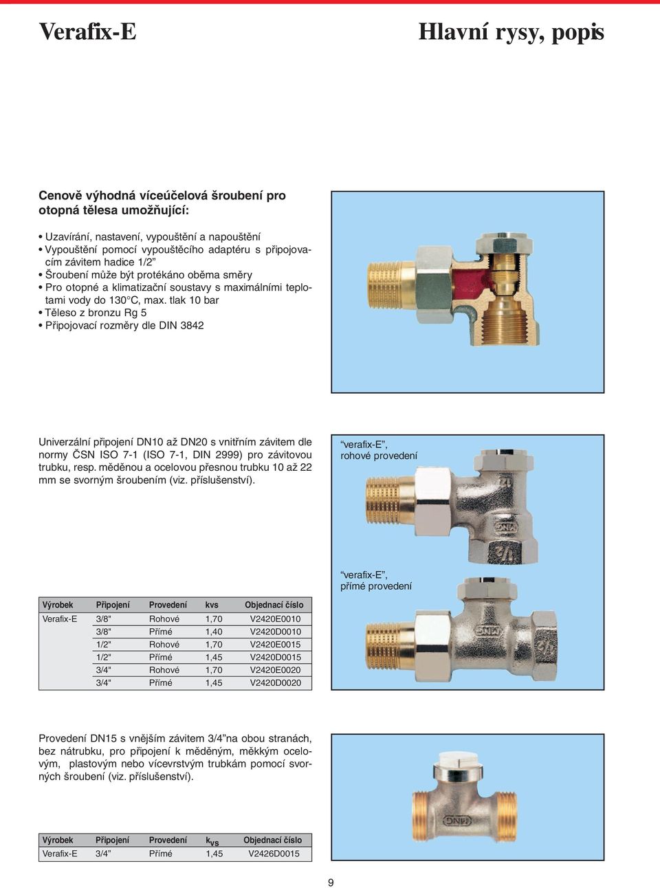 tlak 10 bar Těleso z bronzu Rg 5 Připojovací rozměry dle DIN 3842 Univerzální připojení DN10 až DN20 s vnitřním závitem dle normy ČSN ISO 7-1 (ISO 7-1, DIN 2999) pro závitovou trubku, resp.