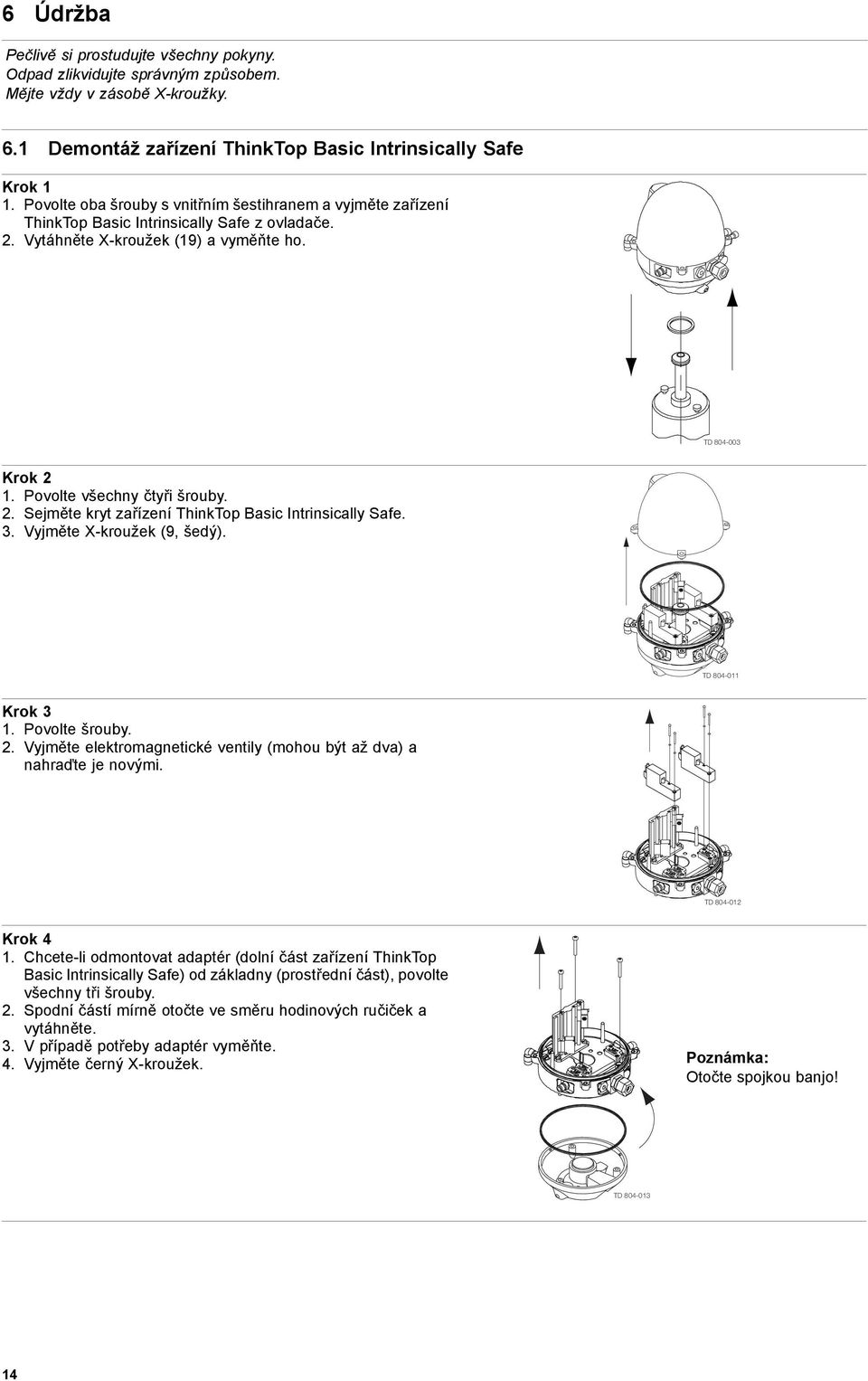 2. Sejměte kryt zařízení ThinkTop Basic Intrinsically Safe. 3. Vyjměte X-kroužek (9, šedý). TD 804-011 Krok 3 1. Povolte šrouby. 2.