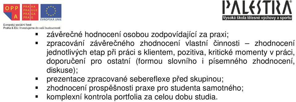 ostatní (formou slovního i písemného zhodnocení, diskuse); prezentace zpracované sebereflexe před