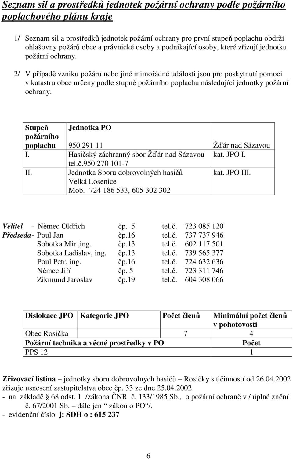 2/ V případě vzniku požáru nebo jiné mimořádné události jsou pro poskytnutí pomoci v katastru obce určeny podle stupně požárního poplachu následující jednotky požární ochrany.