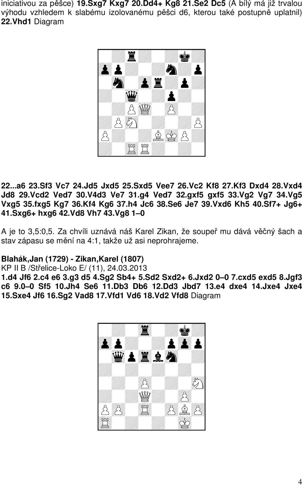 Vg5 Vxg5 35.fxg5 Kg7 36.Kf4 Kg6 37.h4 Jc6 38.Se6 Je7 39.Vxd6 Kh5 40.Sf7+ Jg6+ 41.Sxg6+ hxg6 42.Vd8 Vh7 43.Vg8 1 0 A je to 3,5:0,5.