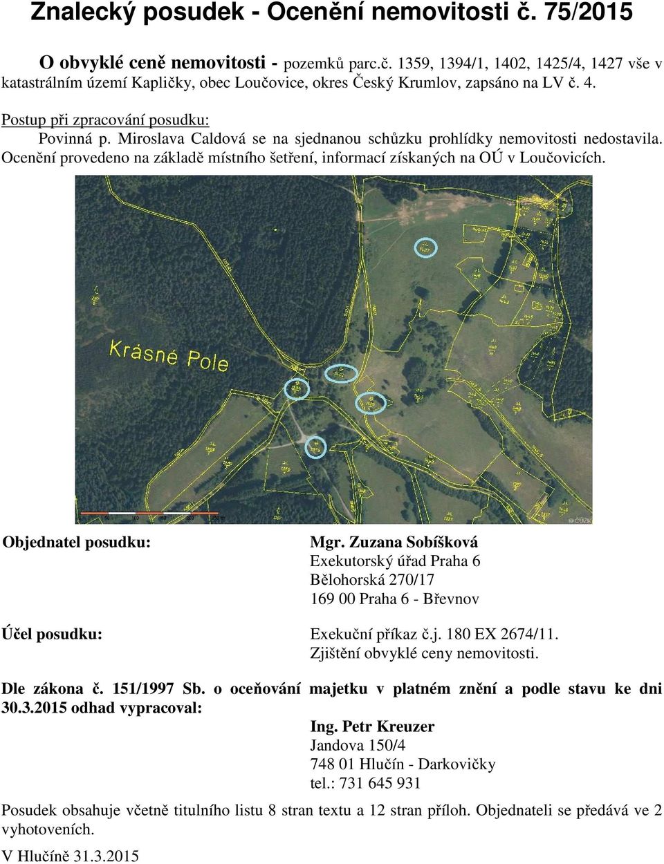 Ocenění provedeno na základě místního šetření, informací získaných na OÚ v Loučovicích. Objednatel posudku: Mgr.