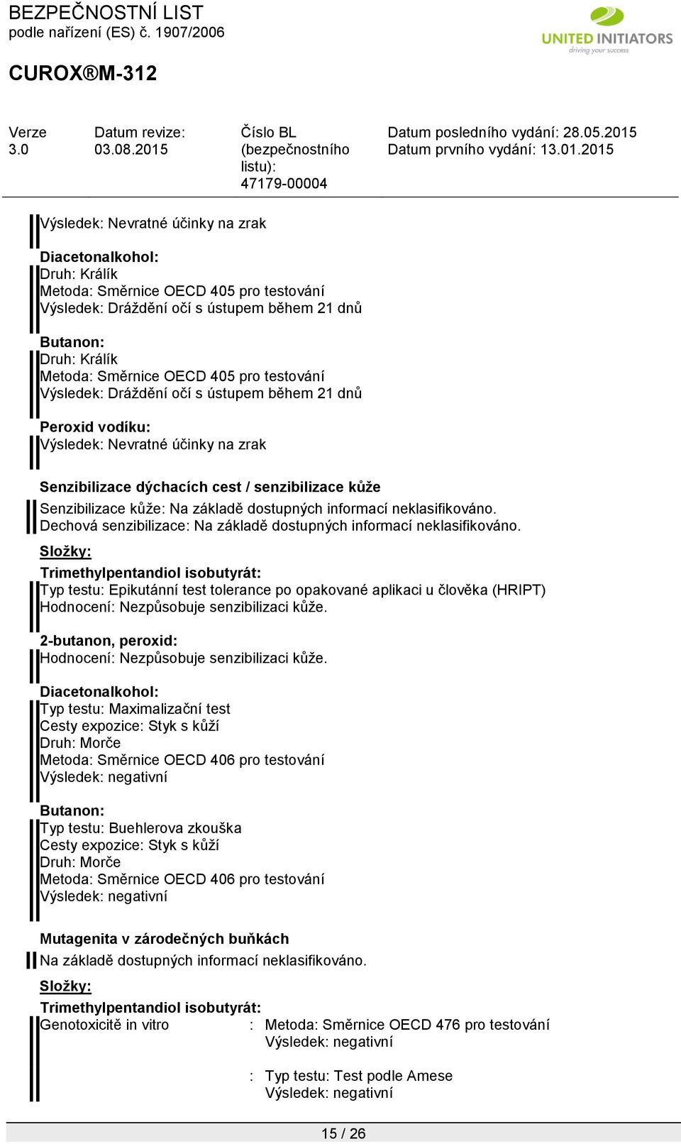 dostupných informací neklasifikováno. Dechová senzibilizace: Na základě dostupných informací neklasifikováno.