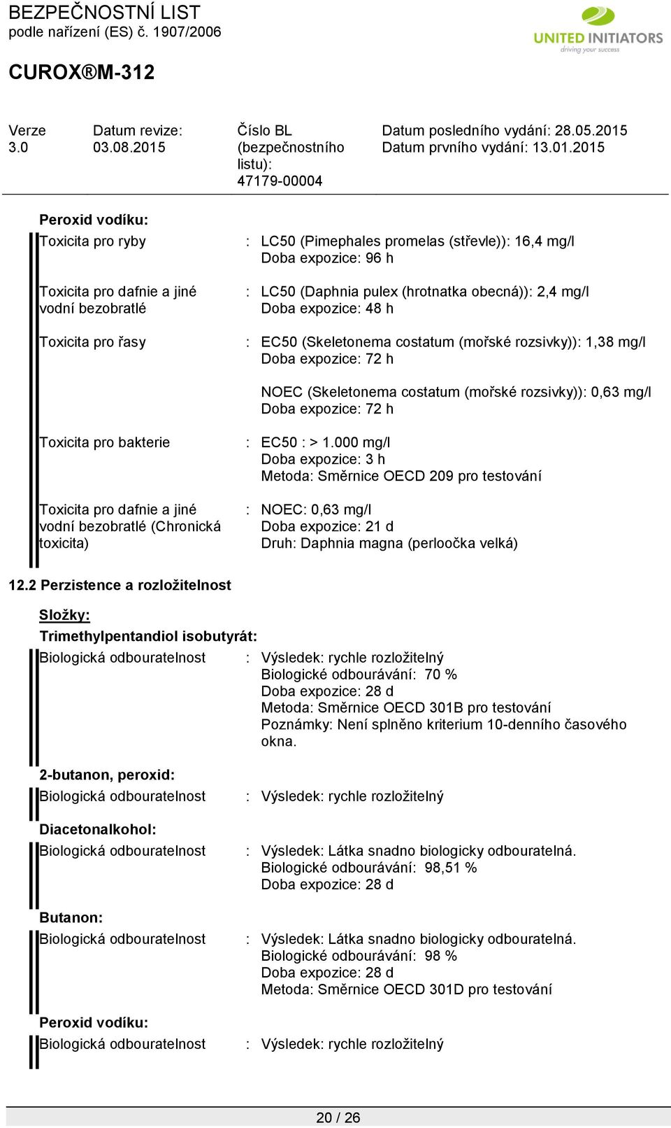 Toxicita pro bakterie Toxicita pro dafnie a jiné vodní bezobratlé (Chronická toxicita) : EC50 : > 1.