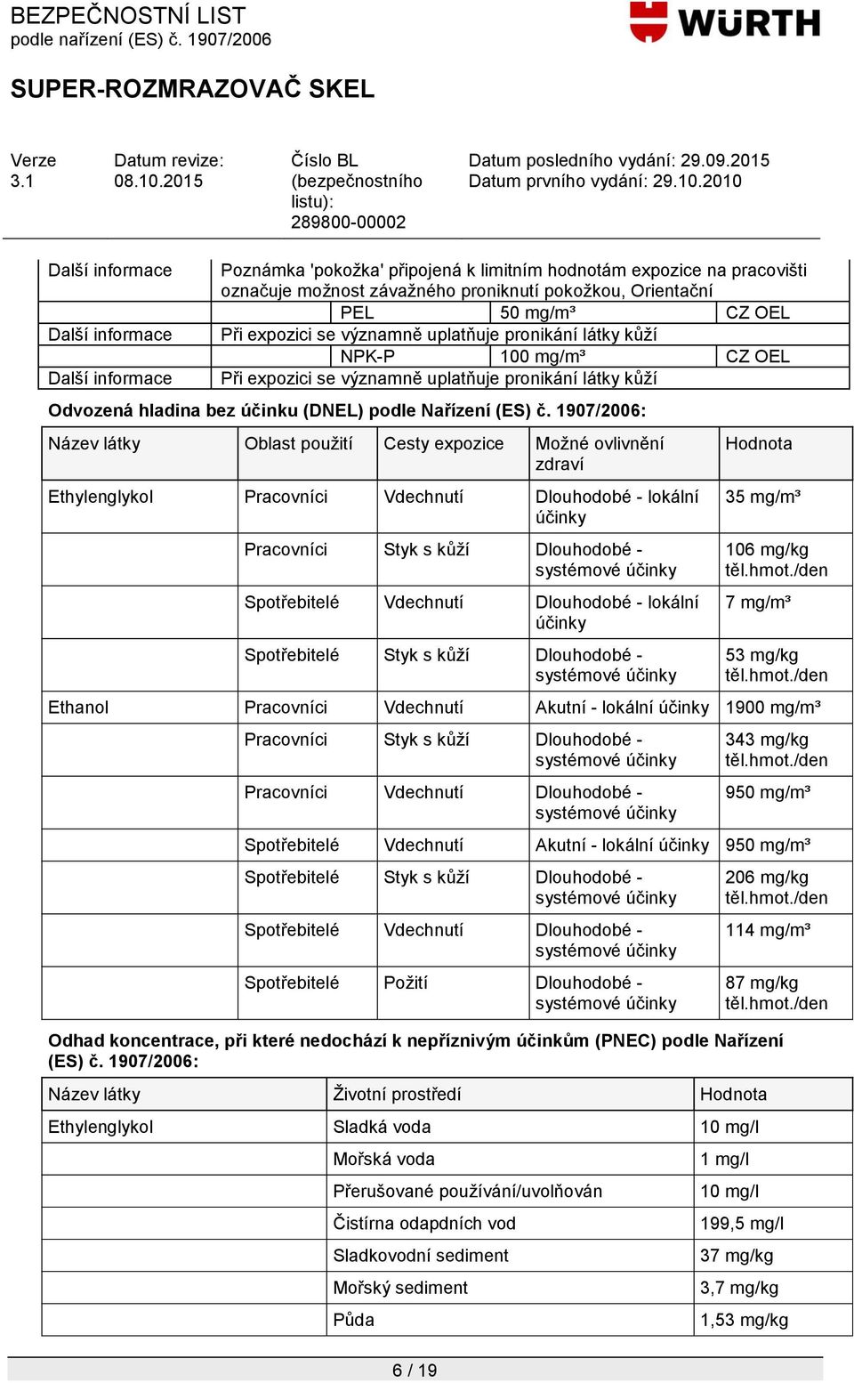 1907/2006: Název látky Oblast pouţití Cesty expozice Moţné ovlivnění zdraví Ethylenglykol Pracovníci Vdechnutí Dlouhodobé - lokální účinky Pracovníci Styk s kůţí Dlouhodobé - systémové účinky