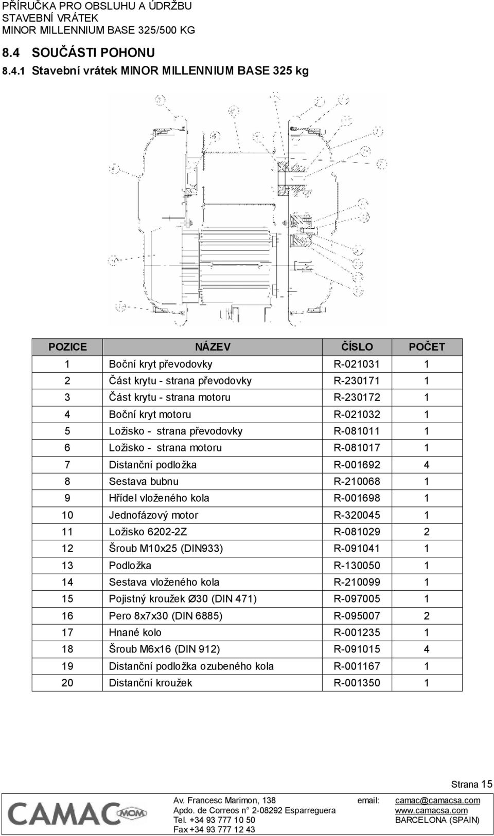 vloženého kola R-001698 1 10 Jednofázový motor R-320045 1 11 Ložisko 6202-2Z R-081029 2 12 Šroub M10x25 (DIN933) R-091041 1 13 Podložka R-130050 1 14 Sestava vloženého kola R-210099 1 15 Pojistný