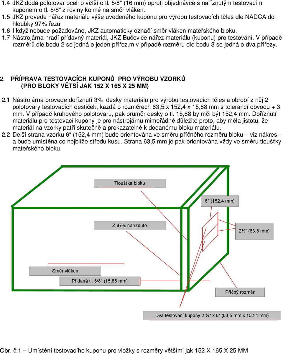6 I když nebude požadováno, JKZ automaticky označí směr vláken mateřského bloku. 1.7 Nástrojárna hradí přídavný materiál, JKZ Bučovice nářez materiálu (kuponu) pro testování.