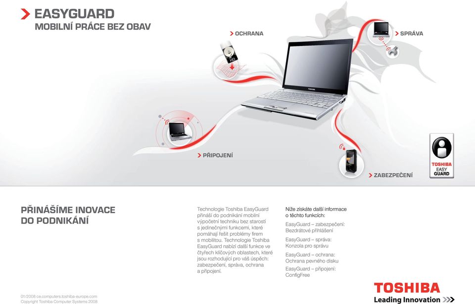 Technologie Toshiba EasyGuard nabízí další funkce ve čtyřech klíčových oblastech, které jsou rozhodující pro váš úspěch: zabezpečení, správa, ochrana