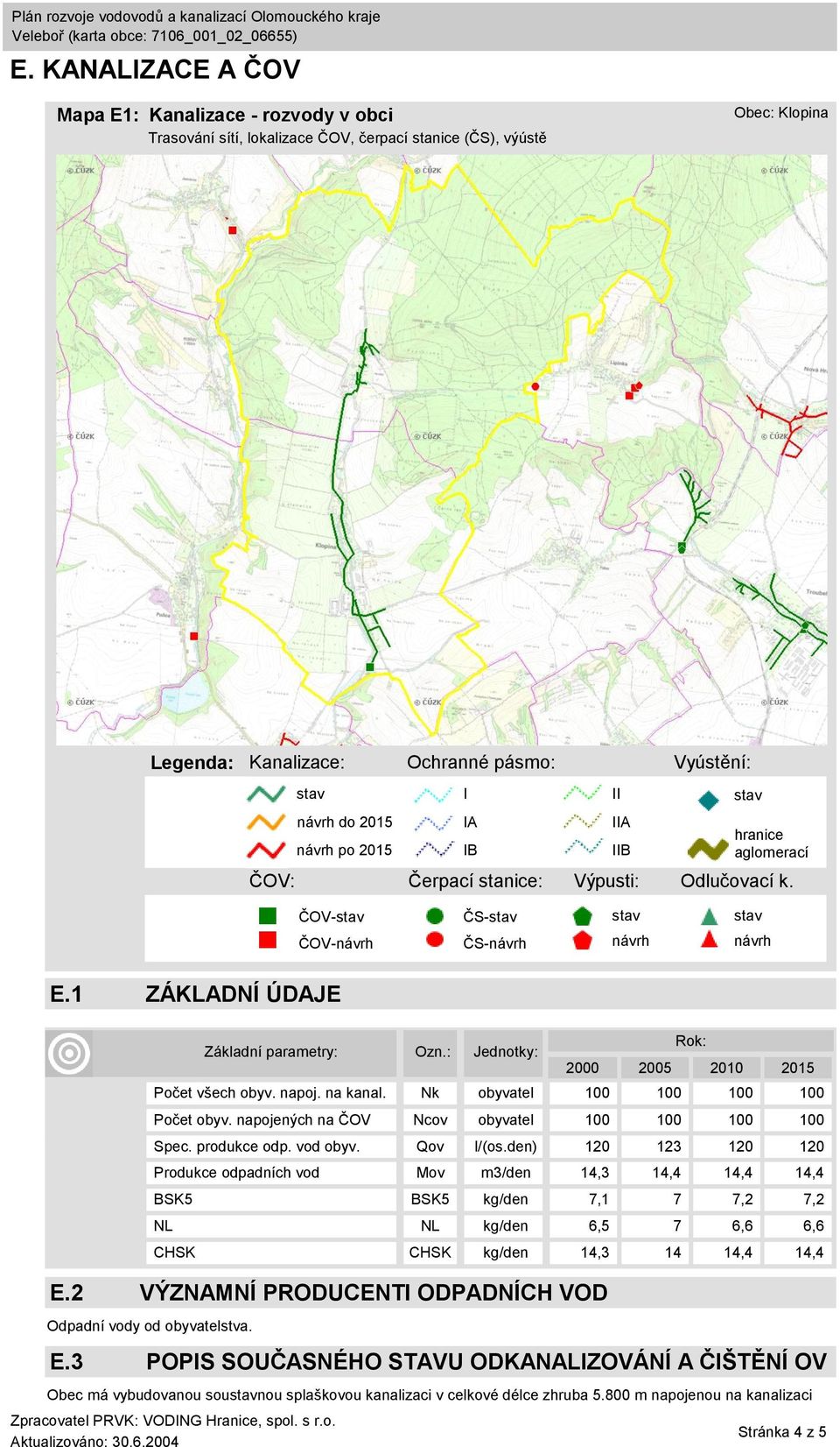 Základní parametry: Ozn.: Jednotky: 2000 2005 2010 2015 Počet všech obyv. napoj. na kanal. Nk obyvatel 100 100 100 100 Počet obyv. napojených na ČOV Ncov obyvatel 100 100 100 100 Spec. produkce odp.