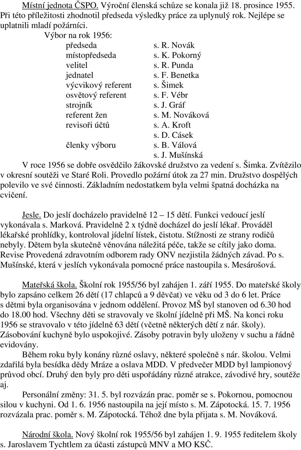 Gráf referent žen s. M. Nováková revisoři účtů s. A. Kroft členky výboru s. D. Cásek s. B. Válová s. J. Mušínská V roce 1956 se dobře osvědčilo žákovské družstvo za vedení s. Šimka.