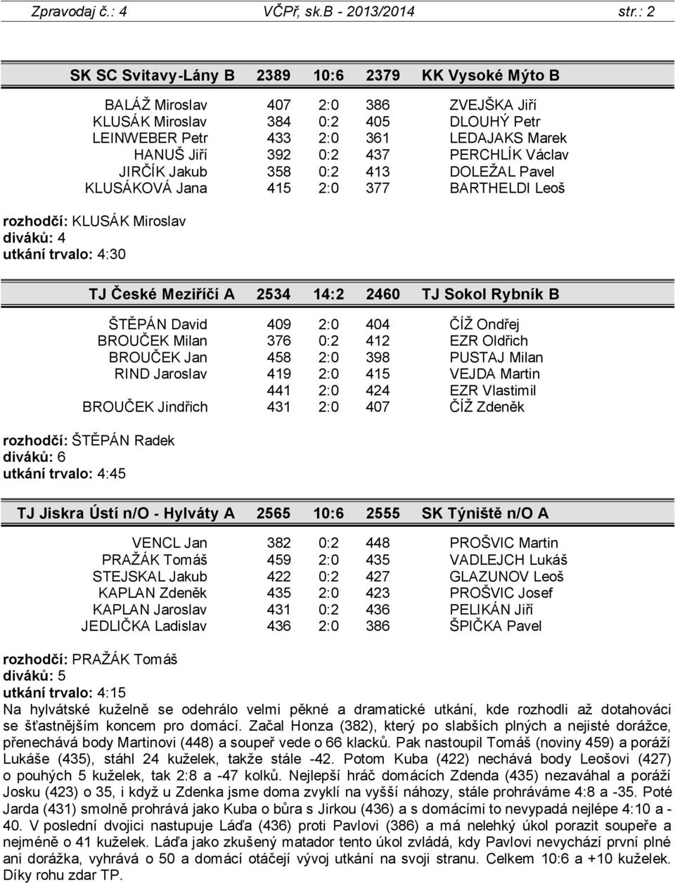 437 PERCHLÍK Václav JIRČÍK Jakub 358 0:2 413 DOLEŽAL Pavel KLUSÁKOVÁ Jana 415 2:0 377 BARTHELDI Leoš rozhodčí: KLUSÁK Miroslav diváků: 4 TJ České Meziříčí A 2534 14:2 2460 TJ Sokol Rybník B ŠTĚPÁN