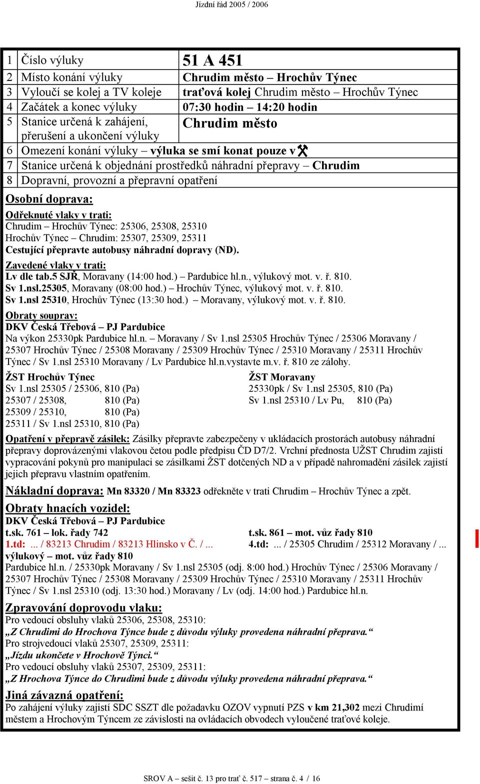 tab.5 SJŘ, Moravany (14:00 hod.) Pardubice hl.n., výlukový mot. v. ř. 810. Sv 1.nsl.25305, Moravany (08:00 hod.) Hrochův Týnec, výlukový mot. v. ř. 810. Sv 1.nsl 25310, Hrochův Týnec (13:30 hod.