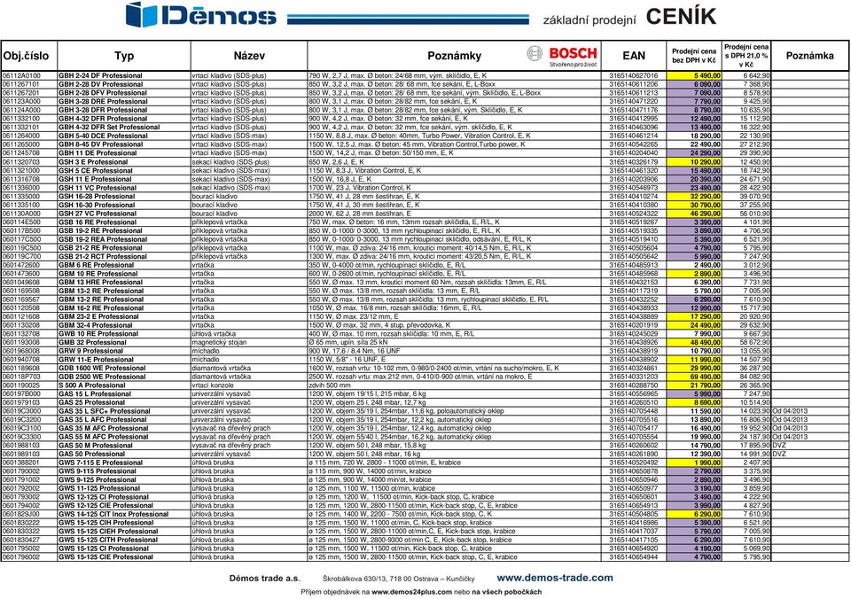 Ø beton: 28/ 68 mm, fce sekání, E, L-Boxx 3165140611206 6 090,00 7 368,90 0611267201 GBH 2-28 DFV Professional vrtací kladivo (SDS-plus) 850 W, 3,2 J, max. Ø beton: 28/ 68 mm, fce sekání, vým.