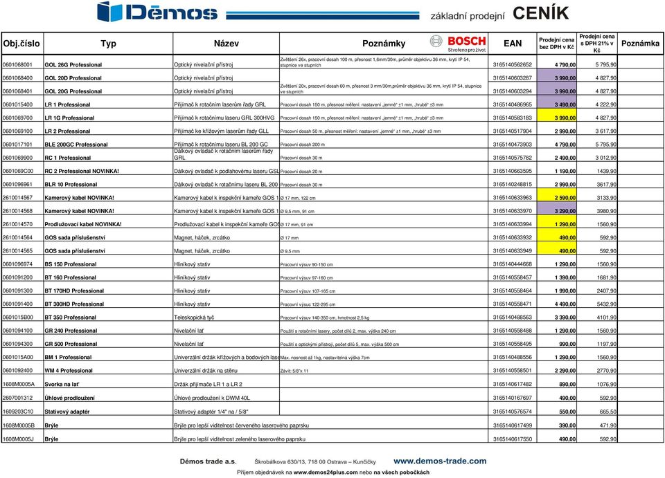 dosah 60 m, přesnost 3 mm/30m,průměr objektivu 36 mm, krytí IP 54, stupnice 0601068401 GOL 20G Professional Optický nivelační přístroj ve stupních 3165140603294 3 990,00 4 827,90 0601015400 LR 1