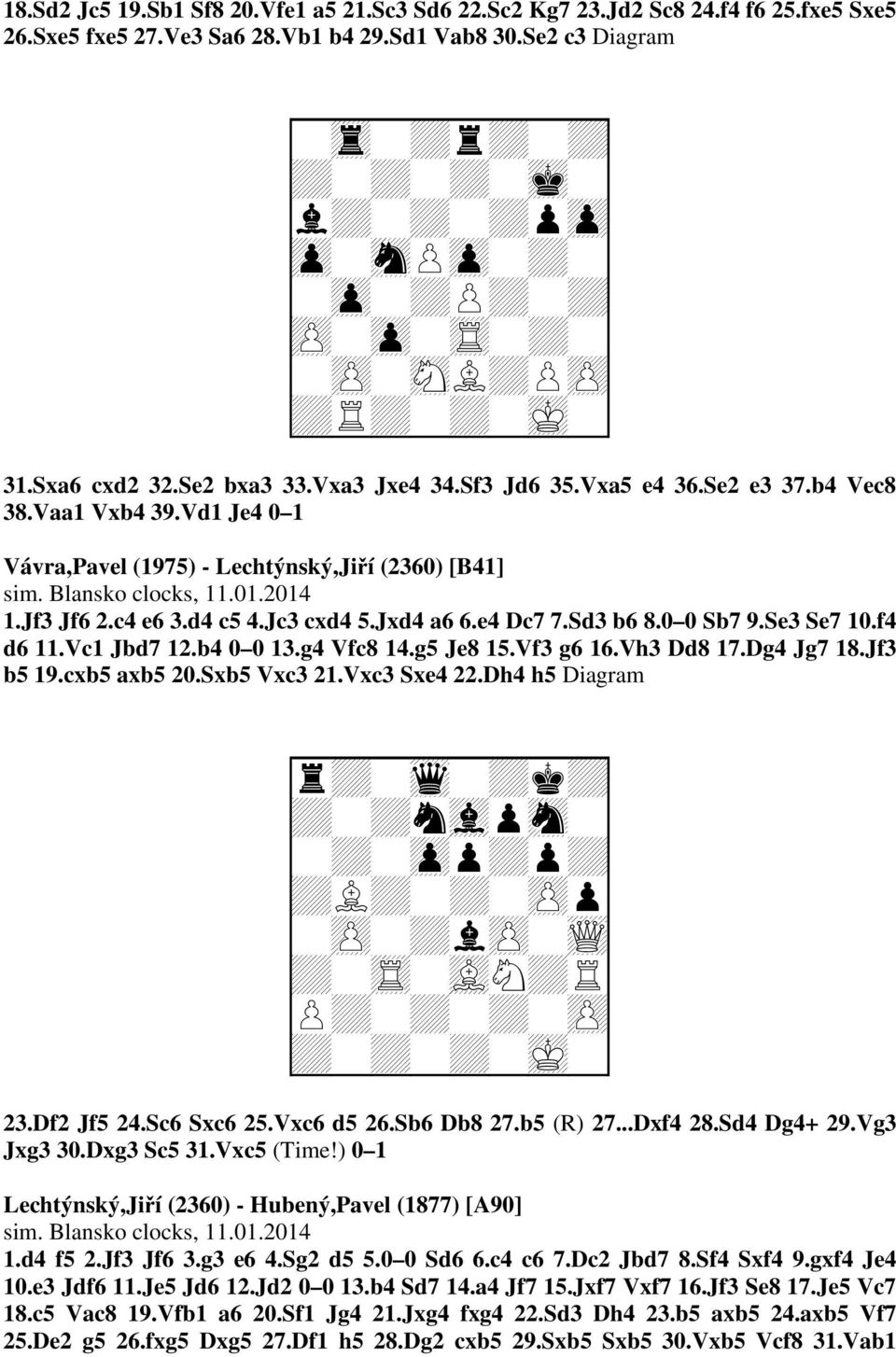e4 Dc7 7.Sd3 b6 8.0 0 Sb7 9.Se3 Se7 10.f4 d6 11.Vc1 Jbd7 12.b4 0 0 13.g4 Vfc8 14.g5 Je8 15.Vf3 g6 16.Vh3 Dd8 17.Dg4 Jg7 18.Jf3 b5 19.cxb5 axb5 20.Sxb5 Vxc3 21.Vxc3 Sxe4 22.
