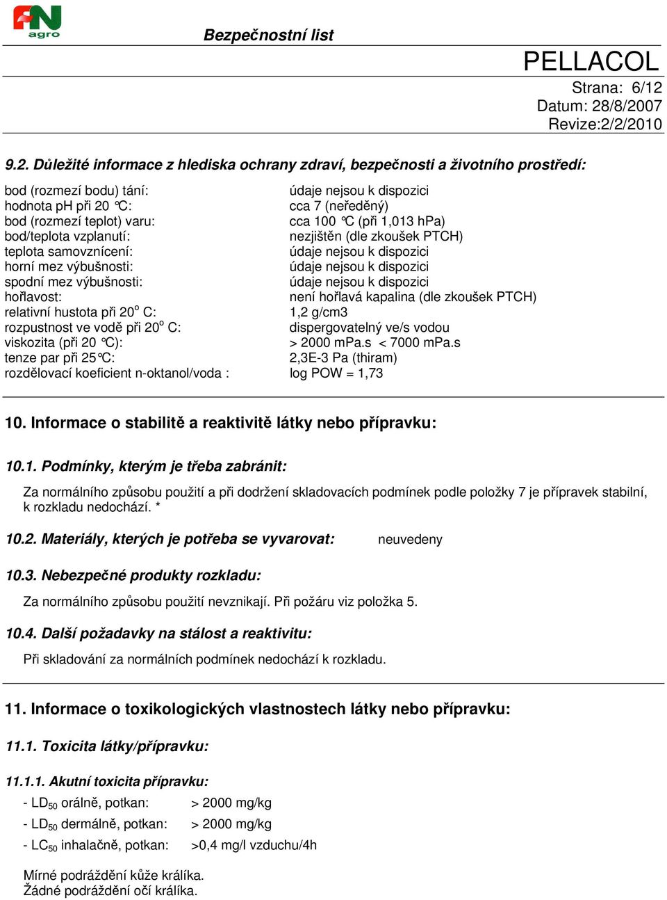 varu: cca 100 C (při 1,013 hpa) bod/teplota vzplanutí: nezjištěn (dle zkoušek PTCH) teplota samovznícení: údaje nejsou k dispozici horní mez výbušnosti: údaje nejsou k dispozici spodní mez