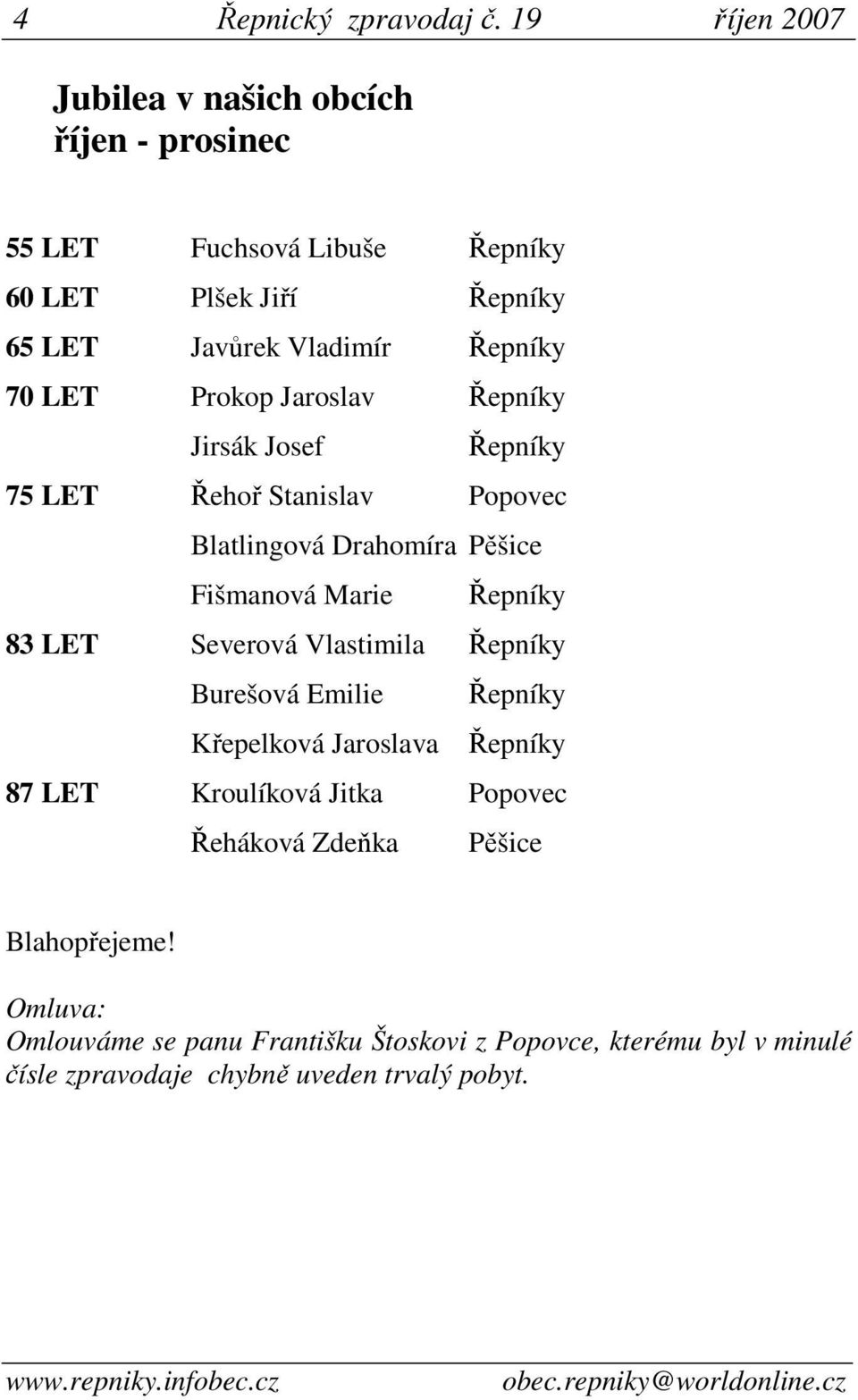 70 LET Prokop Jaroslav Řepníky Jirsák Josef Řepníky 75 LET Řehoř Stanislav Popovec Blatlingová Drahomíra Pěšice Fišmanová Marie Řepníky 83 LET