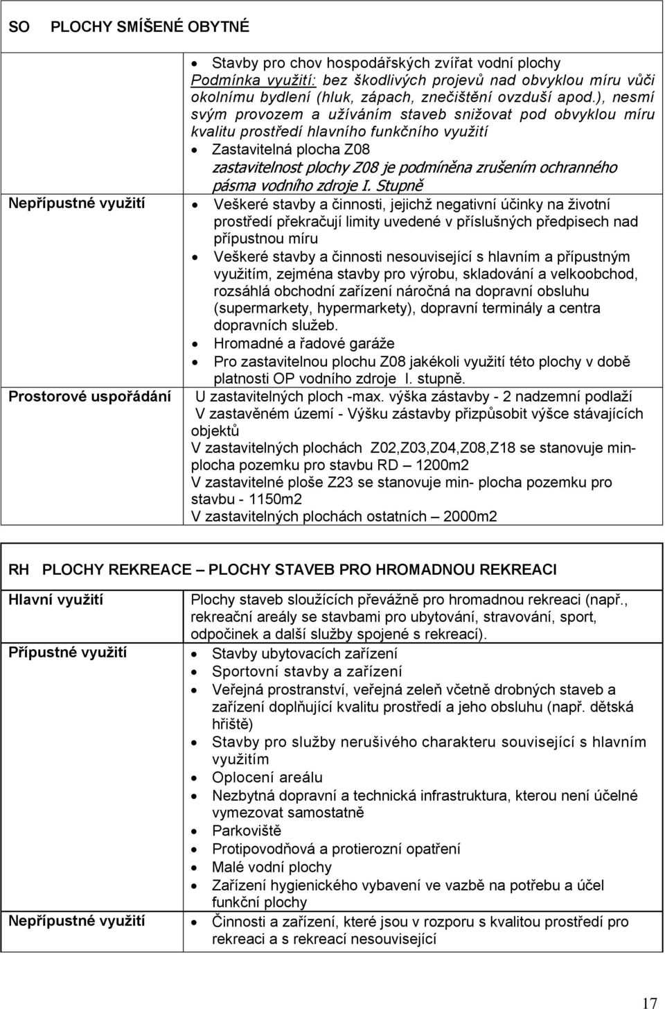 ), nesmí svým provozem a užíváním staveb snižovat pod obvyklou míru kvalitu prostředí hlavního funkčního Zastavitelná plocha Z08 zastavitelnost plochy Z08 je podmíněna zrušením ochranného pásma