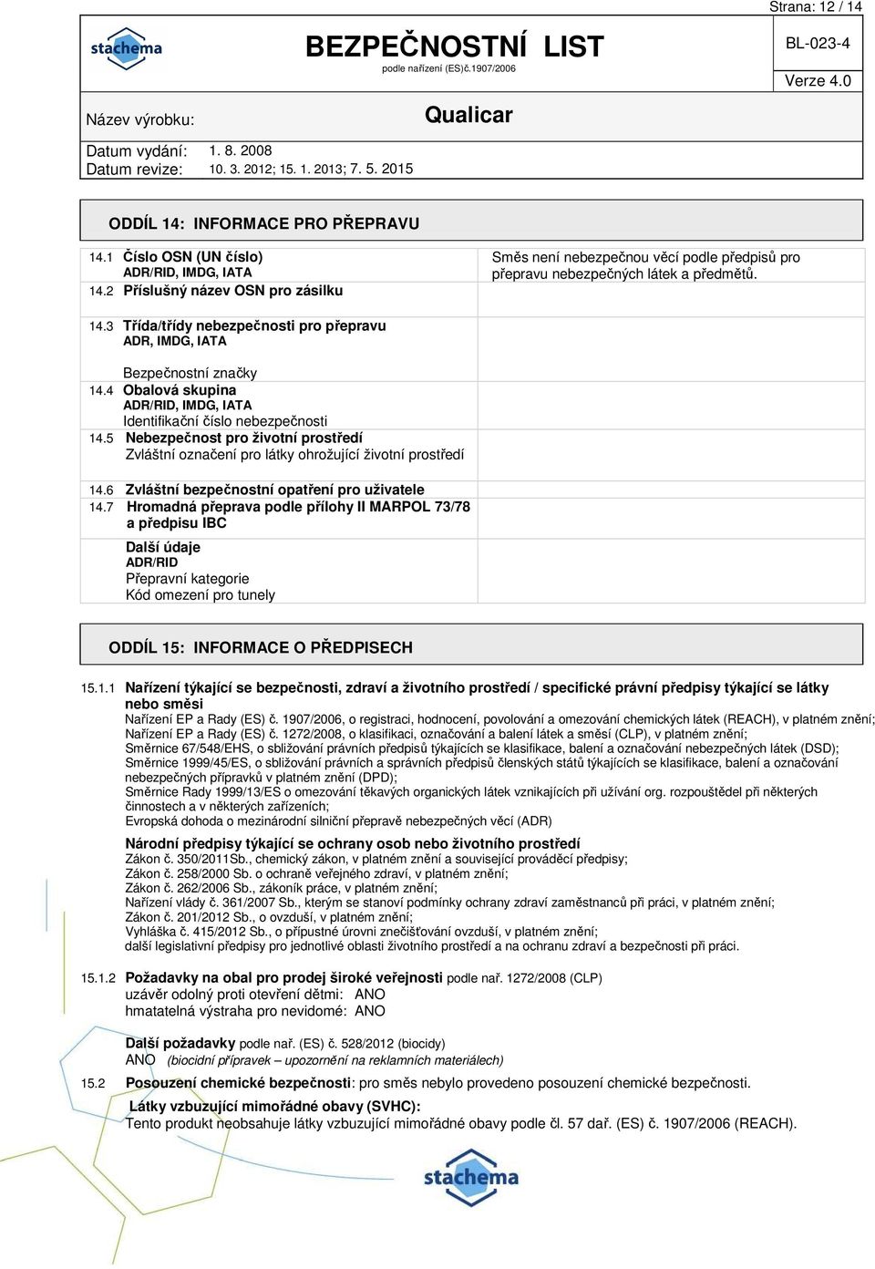 3 Třída/třídy nebezpečnosti pro přepravu ADR, IMDG, IATA Bezpečnostní značky 14.4 Obalová skupina ADR/RID, IMDG, IATA Identifikační číslo nebezpečnosti 14.