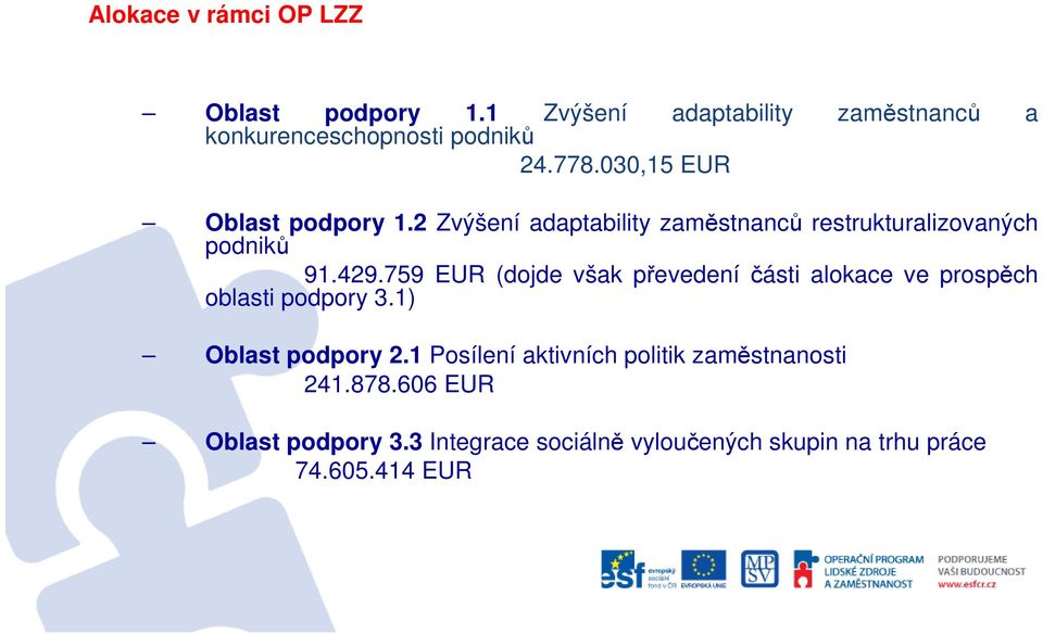 759 EUR (dojde však převedení části alokace ve prospěch oblasti podpory 3.1) Oblast podpory 2.
