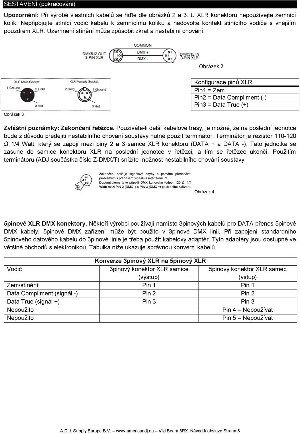 Obrázek 3 Obrázek 2 Konfigurace pinů XLR Pin1 = Zem Pin2 = Data Compliment (-) Pin3 = Data True (+) Zvláštní poznámky: Zakončení řetězce.