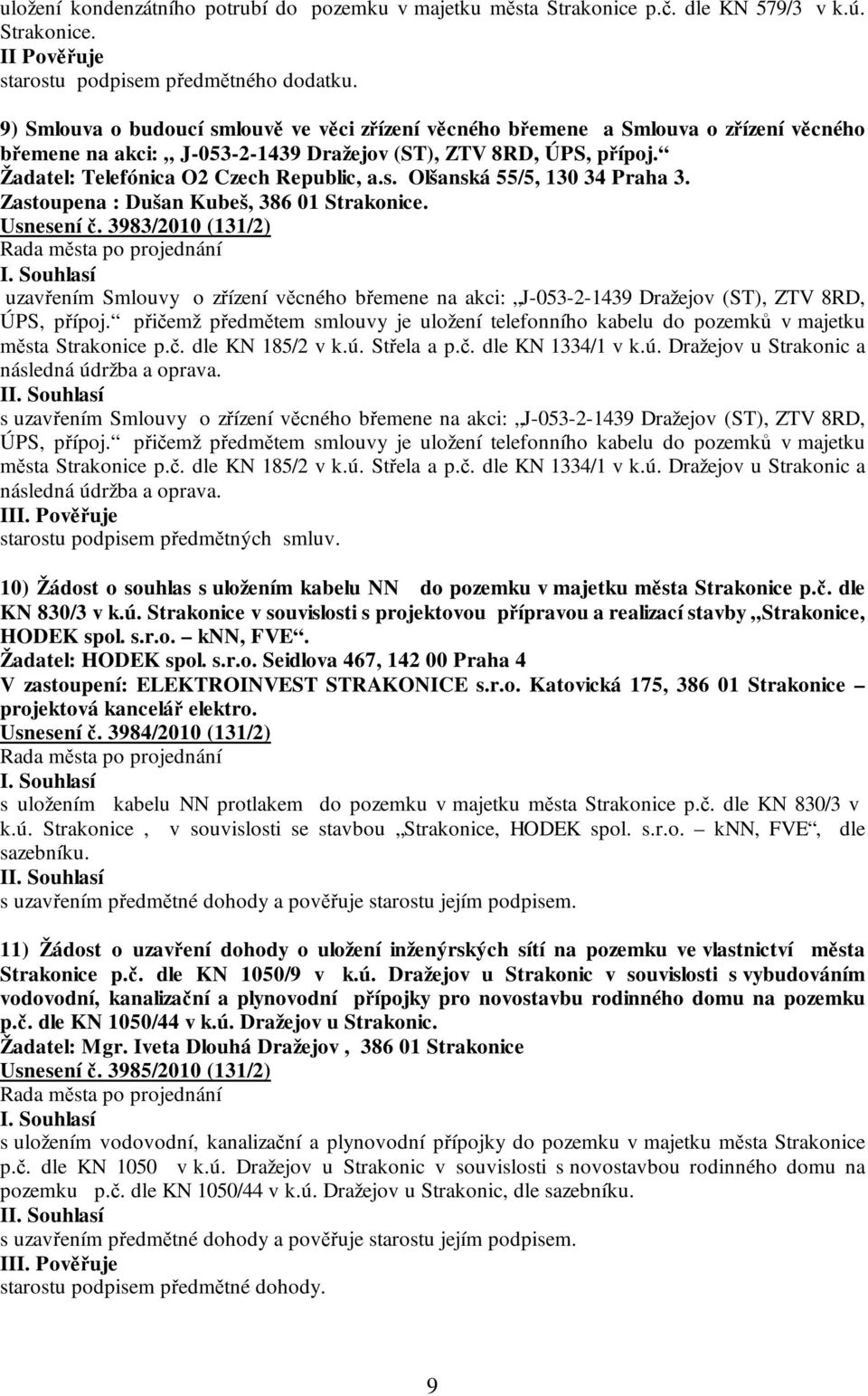 Zastoupena : Dušan Kubeš, 386 01 Strakonice. Usnesení č. 3983/2010 (131/2) uzavřením Smlouvy o zřízení věcného břemene na akci: J-053-2-1439 Dražejov (ST), ZTV 8RD, ÚPS, přípoj.