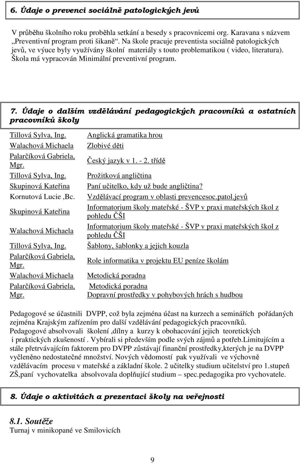 Údaje o dalším vzdělávání pedagogických pracovníků a ostatních pracovníků školy Tillová Sylva, Ing. Walachová Michaela Palarčíková Gabriela, Mgr. Tillová Sylva, Ing. Skupinová Kateřina Kornutová Lucie,Bc.
