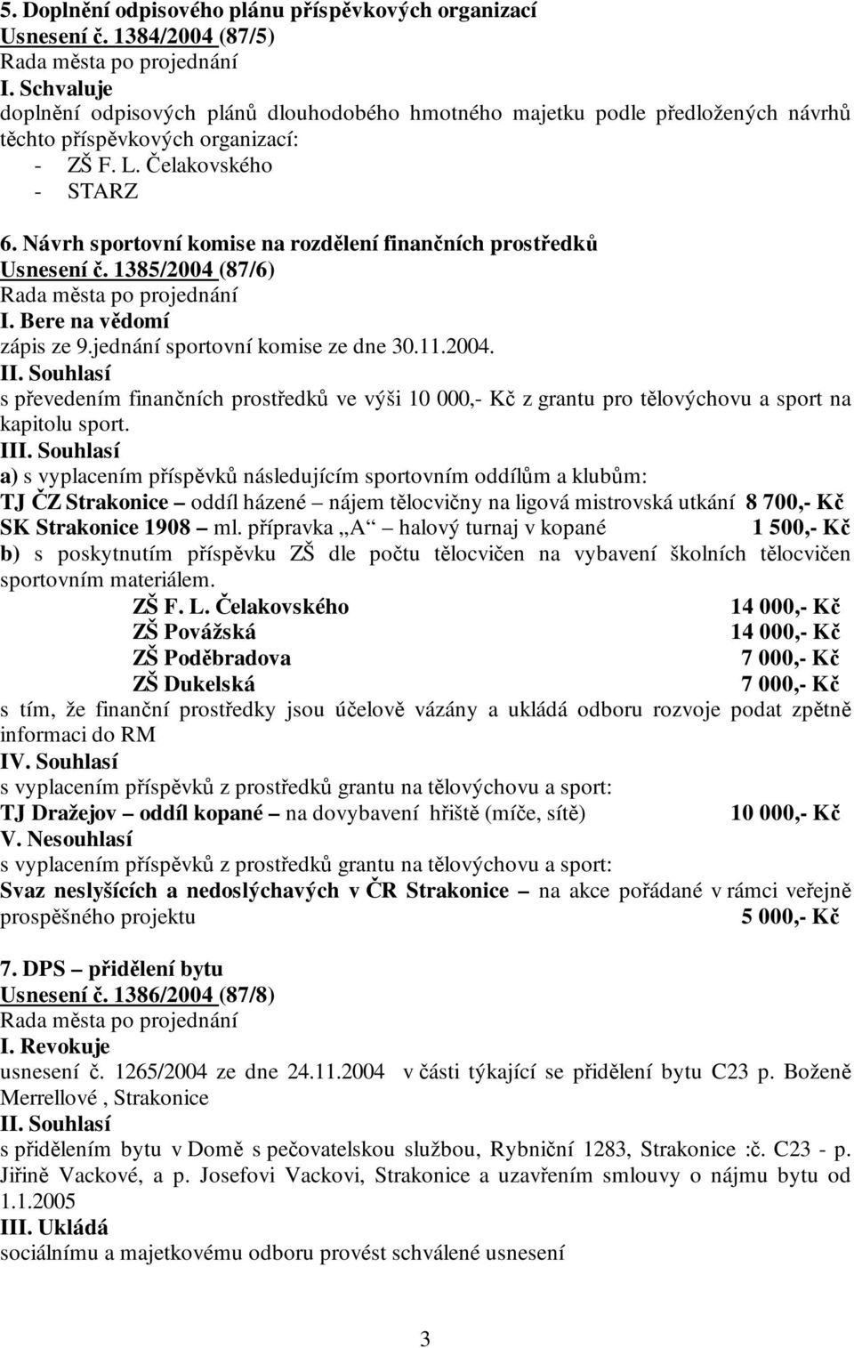 Návrh sportovní komise na rozdělení finančních prostředků Usnesení č. 1385/2004 (87/6) I. Bere na vědomí zápis ze 9.jednání sportovní komise ze dne 30.11.2004. I s převedením finančních prostředků ve výši 10 000,- Kč z grantu pro tělovýchovu a sport na kapitolu sport.