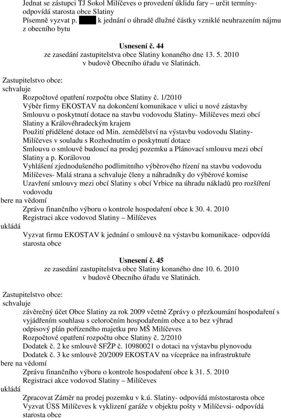 2010 Rozpočtové opatření rozpočtu obce Slatiny č.