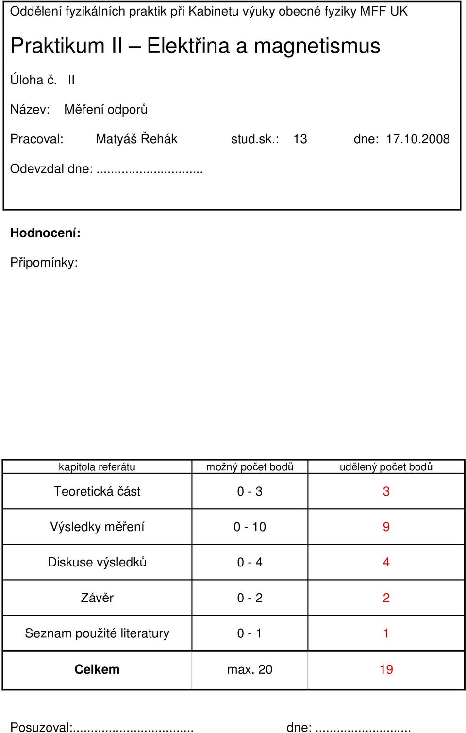 .. Hodnocení: Připomínky: kapitola referátu možný počet bodů udělený počet bodů Teoretická část 0-3 3