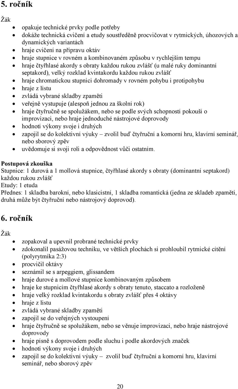 chromatickou stupnici dohromady v rovném pohybu i protipohybu hraje z listu zvládá vybrané skladby zpaměti veřejně vystupuje (alespoň jednou za školní rok) hraje čtyřručně se spolužákem, nebo se