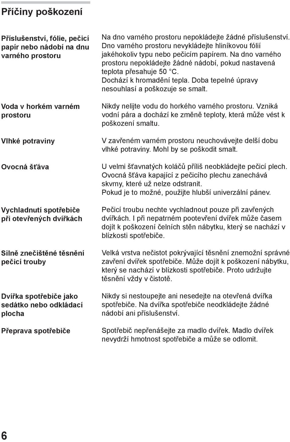 Dno varného prostoru nevykládejte hliníkovou fólií jakéhokoliv typu nebo pečicím papírem. Na dno varného prostoru nepokládejte žádné nádobí, pokud nastavená teplota přesahuje 50 C.