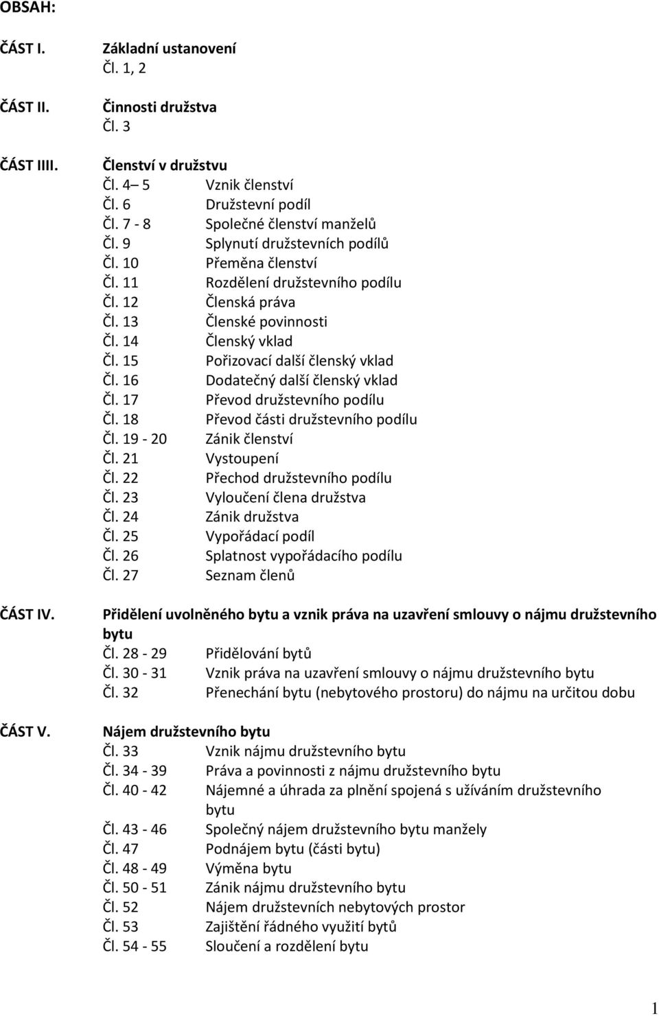 15 Pořizovací další členský vklad Čl. 16 Dodatečný další členský vklad Čl. 17 Převod družstevního podílu Čl. 18 Převod části družstevního podílu Čl. 19-20 Zánik členství Čl. 21 Vystoupení Čl.