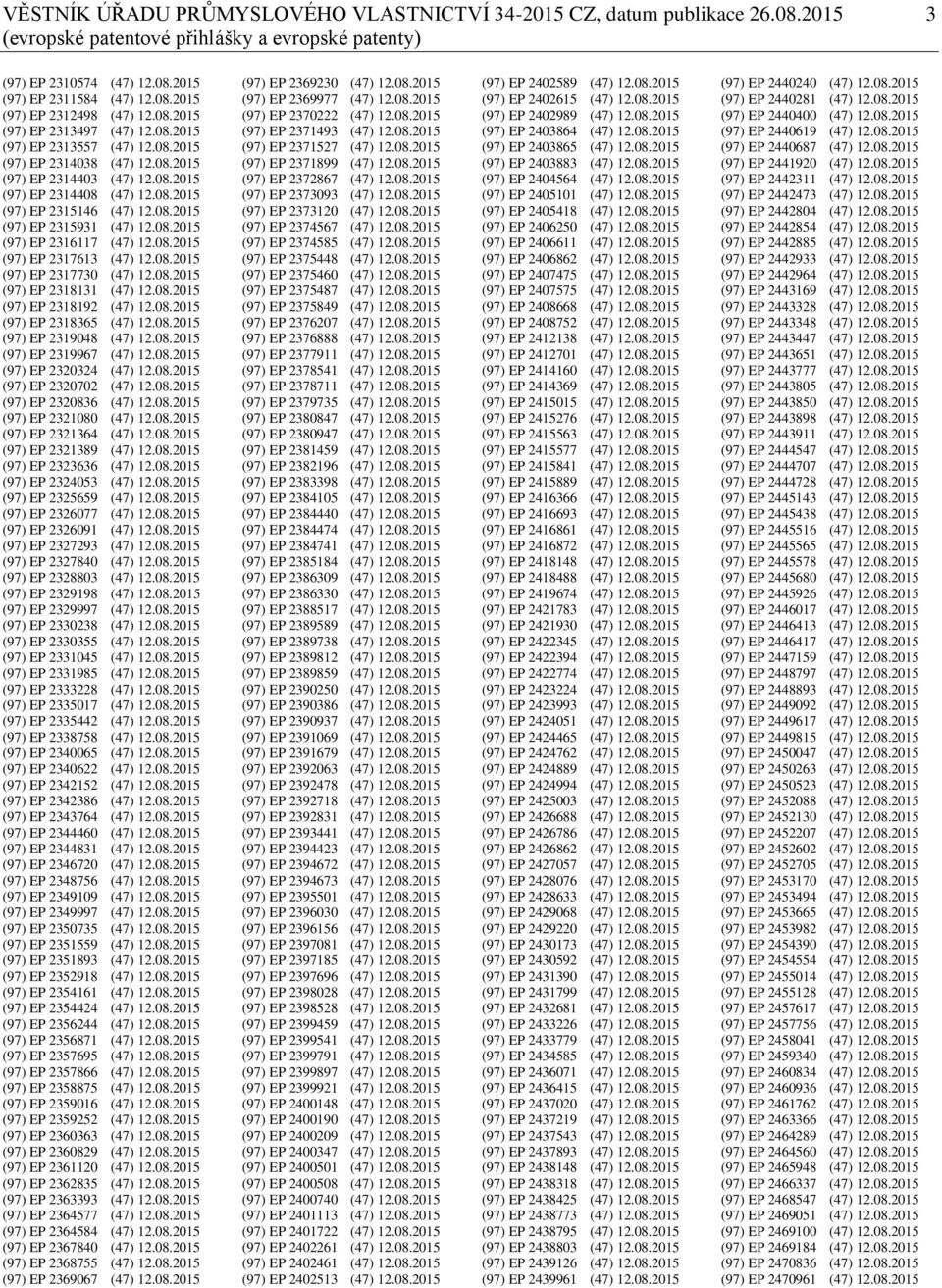 08.2015 (97) EP 2316117 (47) 12.08.2015 (97) EP 2317613 (47) 12.08.2015 (97) EP 2317730 (47) 12.08.2015 (97) EP 2318131 (47) 12.08.2015 (97) EP 2318192 (47) 12.08.2015 (97) EP 2318365 (47) 12.08.2015 (97) EP 2319048 (47) 12.