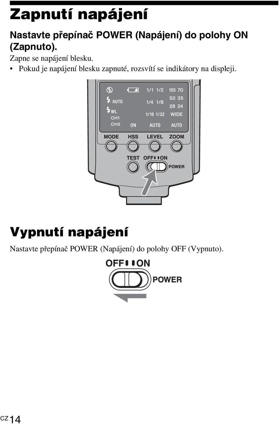 Pokud je napájení blesku zapnuté, rozsvítí se indikátory na