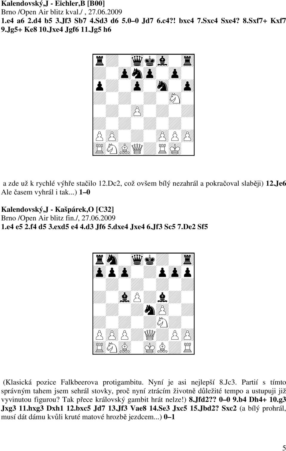 ..) 1 0 Kalendovský,J - Kašpárek,O [C32] Brno /Open Air blitz fin./, 27.06.2009 1.e4 e5 2.f4 d5 3.exd5 e4 4.d3 Jf6 5.dxe4 Jxe4 6.Jf3 Sc5 7.