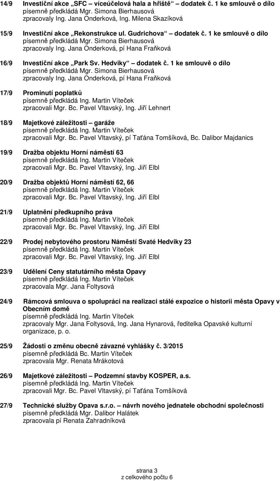 Jana Onderková, pí Hana Fraňková 17/9 Prominutí poplatků zpracovali Mgr. Bc. Pavel Vltavský, Ing. Jiří Lehnert 18/9 Majetkové záležitosti garáže zpracovali Mgr. Bc. Pavel Vltavský, pí Taťána Tomšíková, Bc.