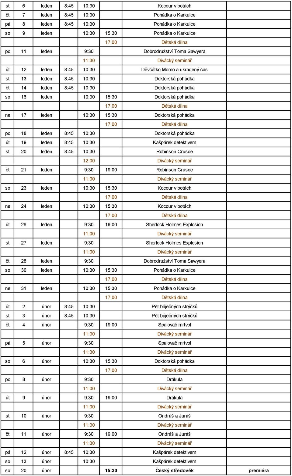 10:30 15:30 Doktorská pohádka po 18 leden 8:45 10:30 Doktorská pohádka út 19 leden 8:45 10:30 Kašpárek detektivem st 20 leden 8:45 10:30 Robinson Crusoe čt 21 leden 9:30 19:00 Robinson Crusoe so 23