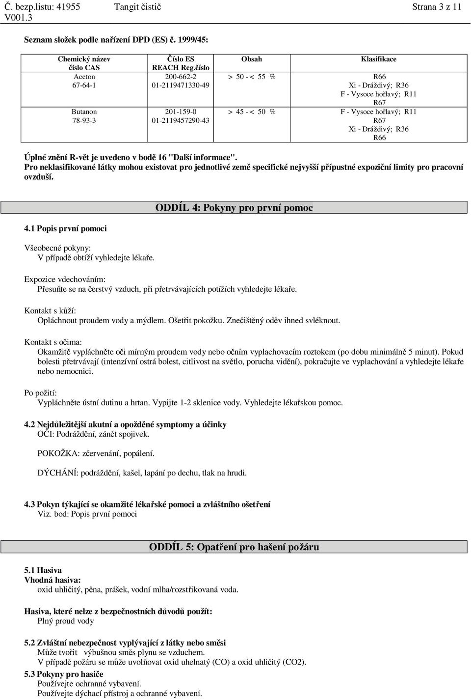 R36 R66 Úplné zn ní R-v t je uvedeno v bod 16 "Další informace". Pro neklasifikované látky mohou existovat pro jednotlivé zem specifické nejvyšší p ípustné expozi ní limity pro pracovní ovzduší. 4.