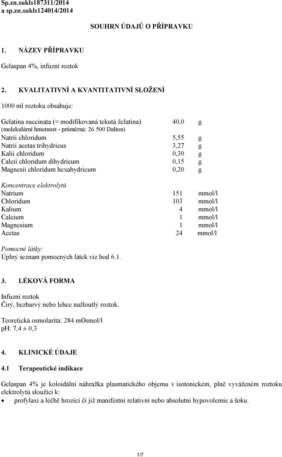 Natrii acetas trihydricus 3,27 g Kalii chloridum 0,30 g Calcii chloridum dihydricum 0,15 g Magnesii chloridum hexahydricum 0,20 g Koncentrace elektrolytů Natrium 151 M mmol/l Chloridum 103 M mmol/l