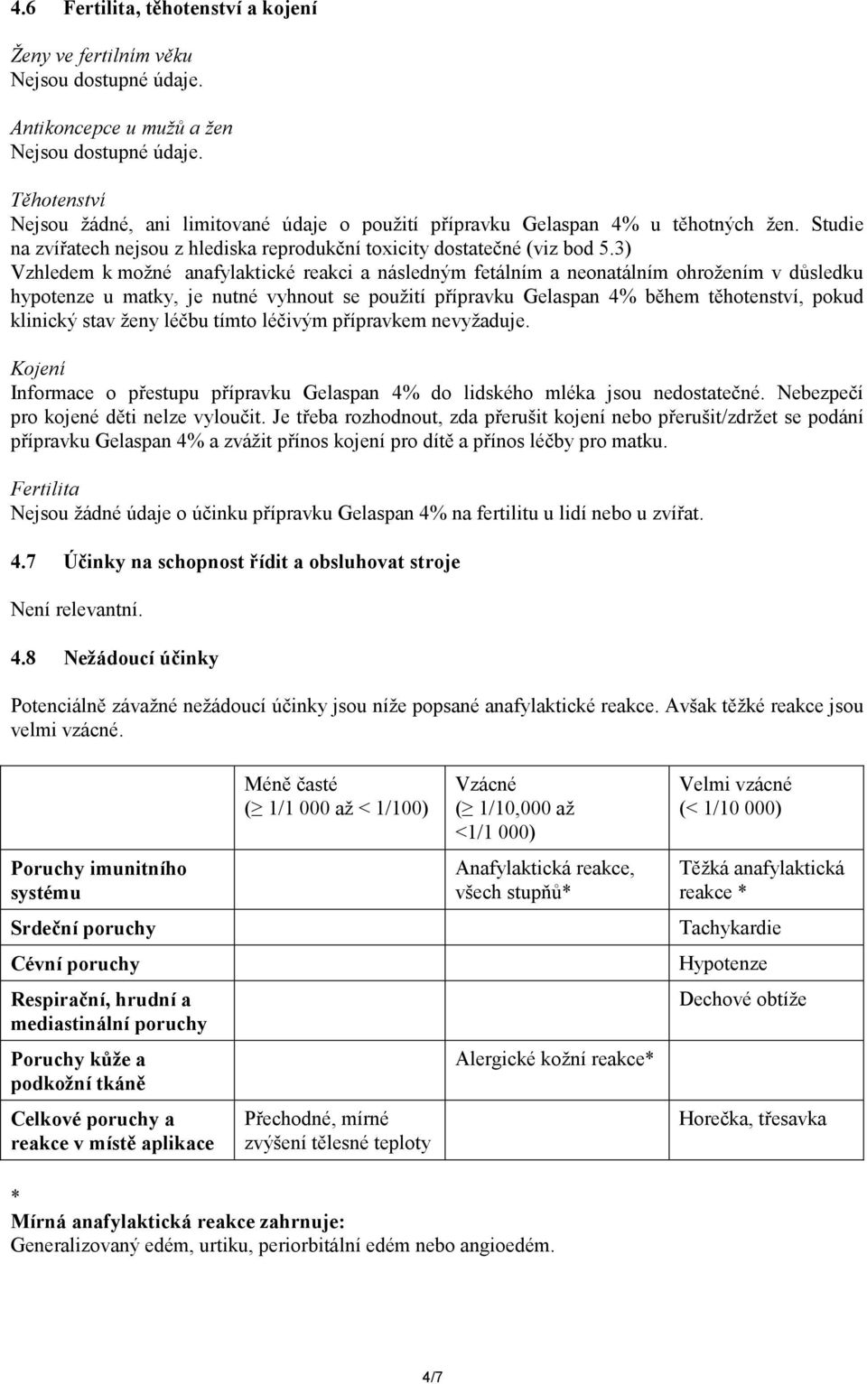 3) Vzhledem k možné anafylaktické reakci a následným fetálním a neonatálním ohrožením v důsledku hypotenze u matky, je nutné vyhnout se použití přípravku Gelaspan 4% během těhotenství, pokud klinický