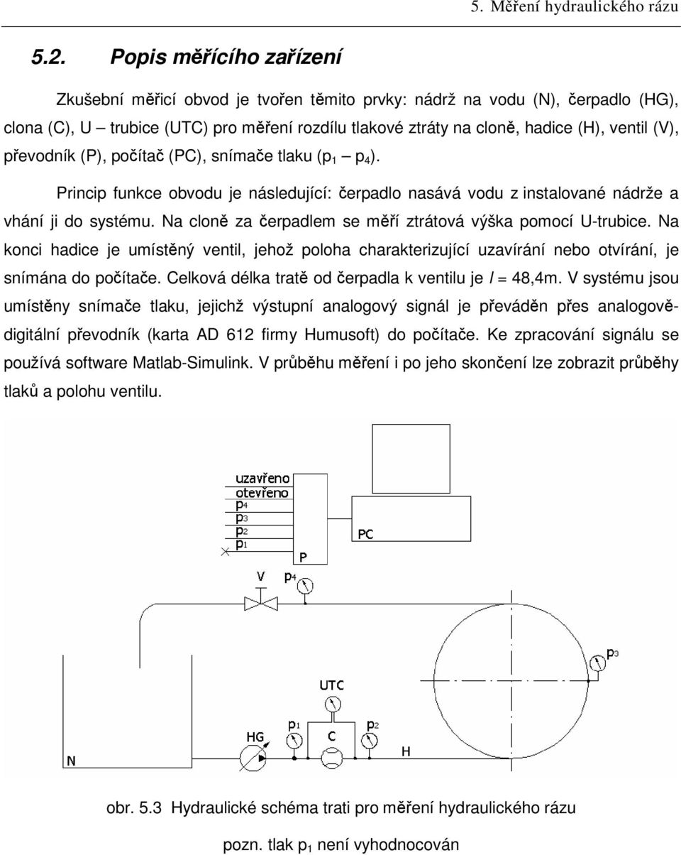 (PC), níme tlku (p 1 p 4 ). Princip funkce obvodu je náledující: erpdlo nává vodu z intlovné nádrže vhání ji do ytému. N clon z erpdlem e mí ztrátová výšk pomocí U-trubice.