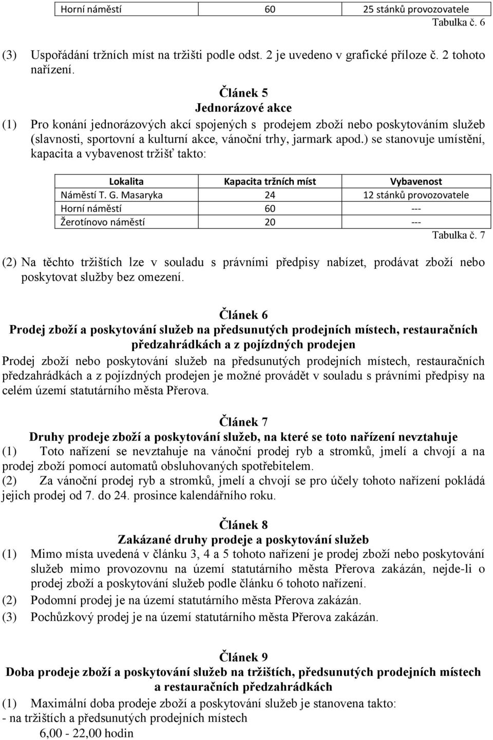 ) se stanovuje umístění, kapacita a vybavenost tržišť takto: Náměstí T. G. Masaryka 24 12 stánků provozovatele Horní náměstí 60 --- Žerotínovo náměstí 20 --- Tabulka č.